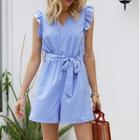 Sleeveless Striped Frill Trim Buttoned Playsuit