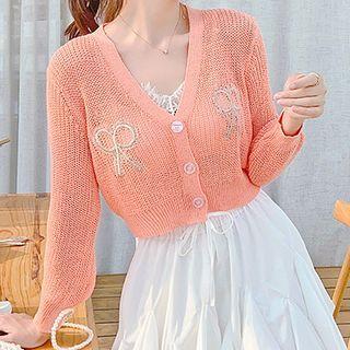 Bow Embroidered Cropped Cardigan Orange Red - One Size