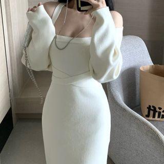 Halter-neck Knit Midi Sheath Dress / Shrug
