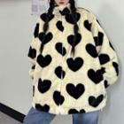 Heart Print Fleece Zip-up Jacket Almond - One Size