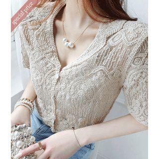 Notch-collar Sheer Lace Cardigan