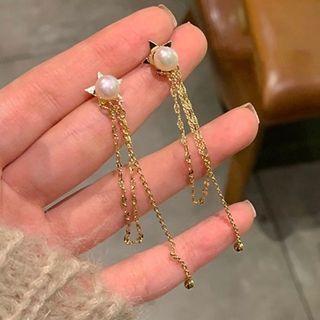 Star Faux Pearl Fringed Earring 1 Pair - Silver Needle - Gold - One Size