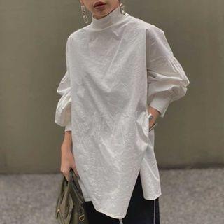 Mock-neck Plain Blouse White - One Size