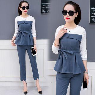 Set: Tie Waist Long-sleeve Top + Cropped Straight-cut Pants