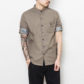 Patterned Short-sleeve Stand Collar Top