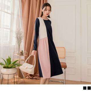 Long Sleeve Color Block Chiffon A-line Dress