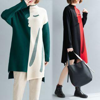 Color-block Semi High-neck Knit Sweater