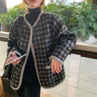 Contrast-trim Houndstooth Coat