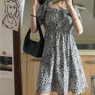 Leopard Print Short-sleeve Mini A-line Dress As Shown In Figure - One Size