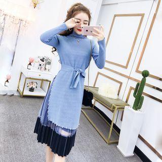 Set: Beaded Side-slit Knit Dress + Accordion Pleat Midi Mesh Skirt