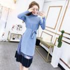 Set: Beaded Side-slit Knit Dress + Accordion Pleat Midi Mesh Skirt