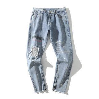 Lettering Ripped Straight-leg Jeans