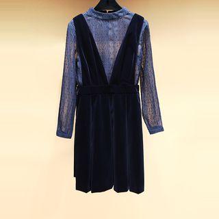 Set: Lace Mock Neck Long Sleeve Top + Pinafore Velvet Dress