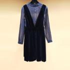 Set: Lace Mock Neck Long Sleeve Top + Pinafore Velvet Dress
