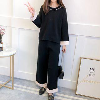 Set: Color Block Sweater + Wide-leg Knitted Pants