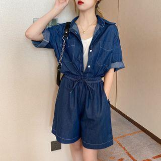 Denim Set: Stitched Loose Shirt + Wide Shorts Blue - One Size