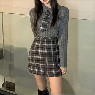 Collared Sweater / Plaid Mini Skirt / Double Breasted Coat