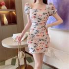 Puff-sleeve Floral Ruffled Slim Fit Dress