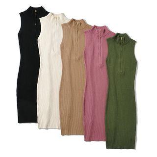 Sleeveless Mock-neck Half-zip Knit Sheath Dress