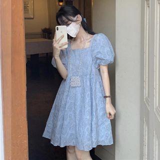 Puff Sleeve Square-neck Floral A-line Dress