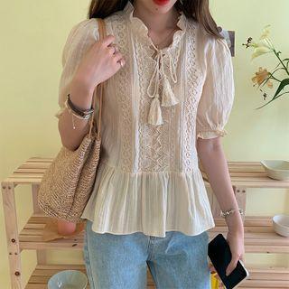 Tassel Puff-sleeve Peplum Blouse Almond - One Size