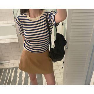 [dearest] Button-shoulder Stripe Knit Top Blue - One Size