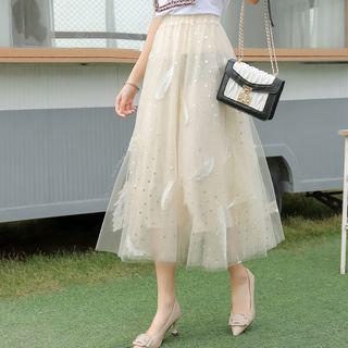 Dotted Feather Embroidered Midi Mesh Skirt