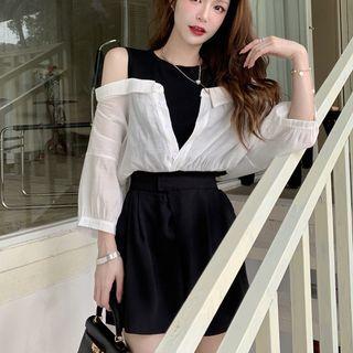 3/4-sleeve Cold-shoulder Mock Two-piece Blouse