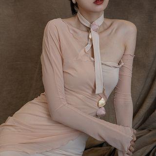 Long-sleeve Asymmetrical Lettuce Edge Midi Sheath Dress