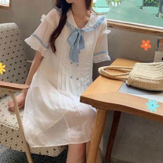 Contrast Trim Short-sleeve Chiffon Dress White - One Size