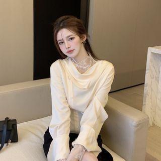 Mock-neck Long-sleeve Lace Top / Puff-sleeve Blouse