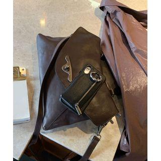 Real-leather Flap Satchel Dark Brown - One Size