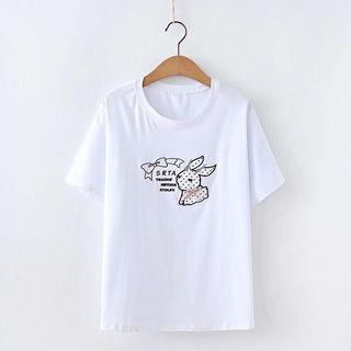 Short-sleeve Rabbit Applique T-shirt White - One Size
