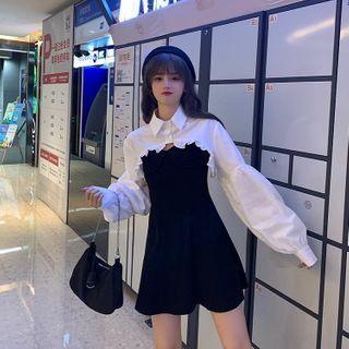 Spaghetti-strap Dress / Wood Ear Trim Long-sleeve Cropped Shirt