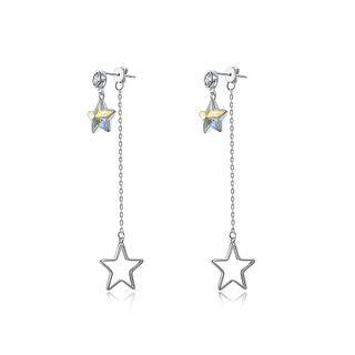 925 Sterling Silver Star Long Earrings With Austrian Element Crystal Silver - One Size