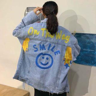 Embroidered Ripped Buttoned Denim Jacket Blue - One Size