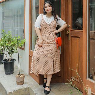 Tie-waist Polka-dot Long Pinafore Dress