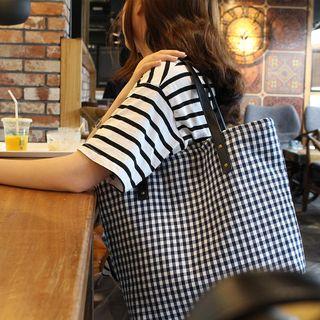 Gingham Tote Bag With Faux Leather Handle