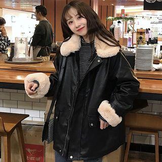 Furry Collar Faux Leather Zip Jacket