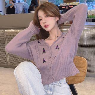Long-sleeve Flower Embroidered Cropped Cardigan Purple - One Size