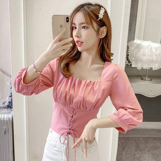 Square-neck Shirred Lace-up Cropped Blouse