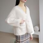 Drop-shoulder V-neck Furry Cardigan Ivory - One Size