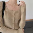 Square-neck Ribbed Knit Cardigan