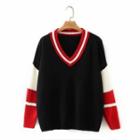 V-neck Color Block Sweater Black - One Size