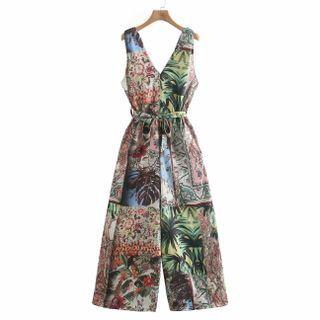 Sleeveless V-neck Print Jumpsuit