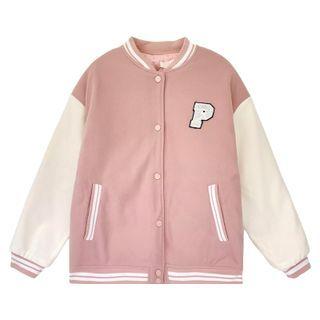 Long-sleeve Lettering Embroidered Color-block Bomber Jacket Pink - One Size