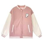 Long-sleeve Lettering Embroidered Color-block Bomber Jacket Pink - One Size