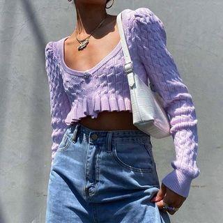 Ruffle-trim Long-sleeve Cropped Sweater
