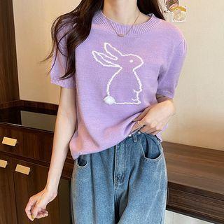 Short-sleeve Rabbit Jacquard Knit Top Purple - One Size