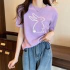 Short-sleeve Rabbit Jacquard Knit Top Purple - One Size